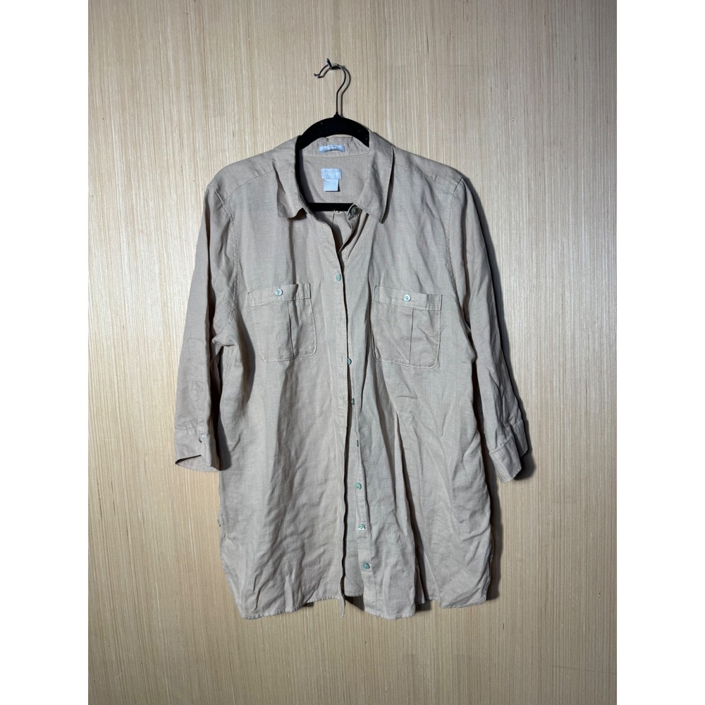 Chico's No Iron 100% Linen Button Down Shirt Tan Beige 3/4 Sleeve Women's Size 3